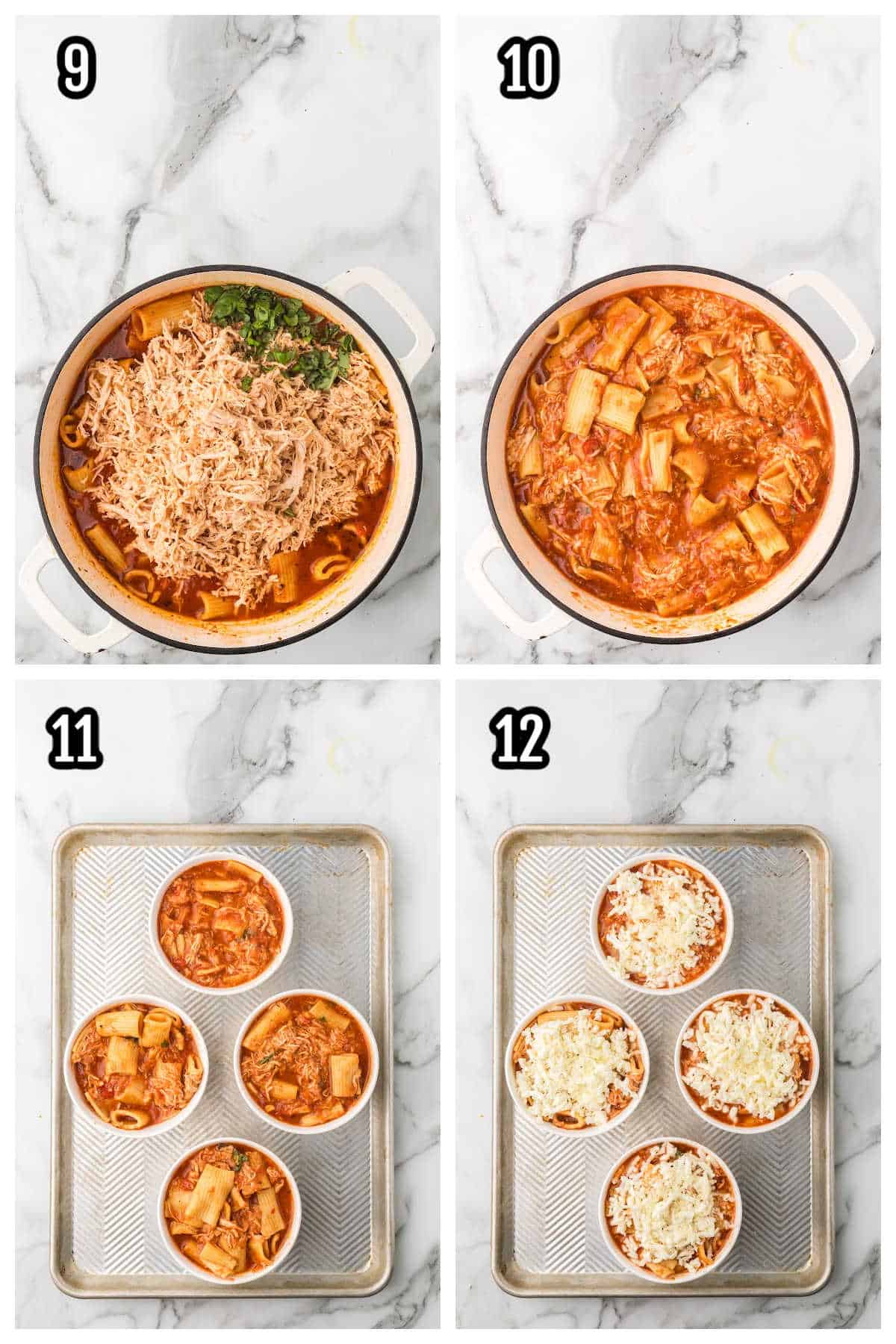 Third collage with steps nine through twelve for preparing the cheesy chicken parmesan soup recipe.