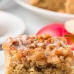 Easy no-fry apple pie flavored apple fritter cake made in a 9X13-inch pan and drizzled with sugar icing.