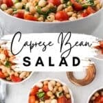 Collage with overhead view of Caprese Bean Salad tossed with balsamic vinaigrette in a serving bowl and individual bowls.