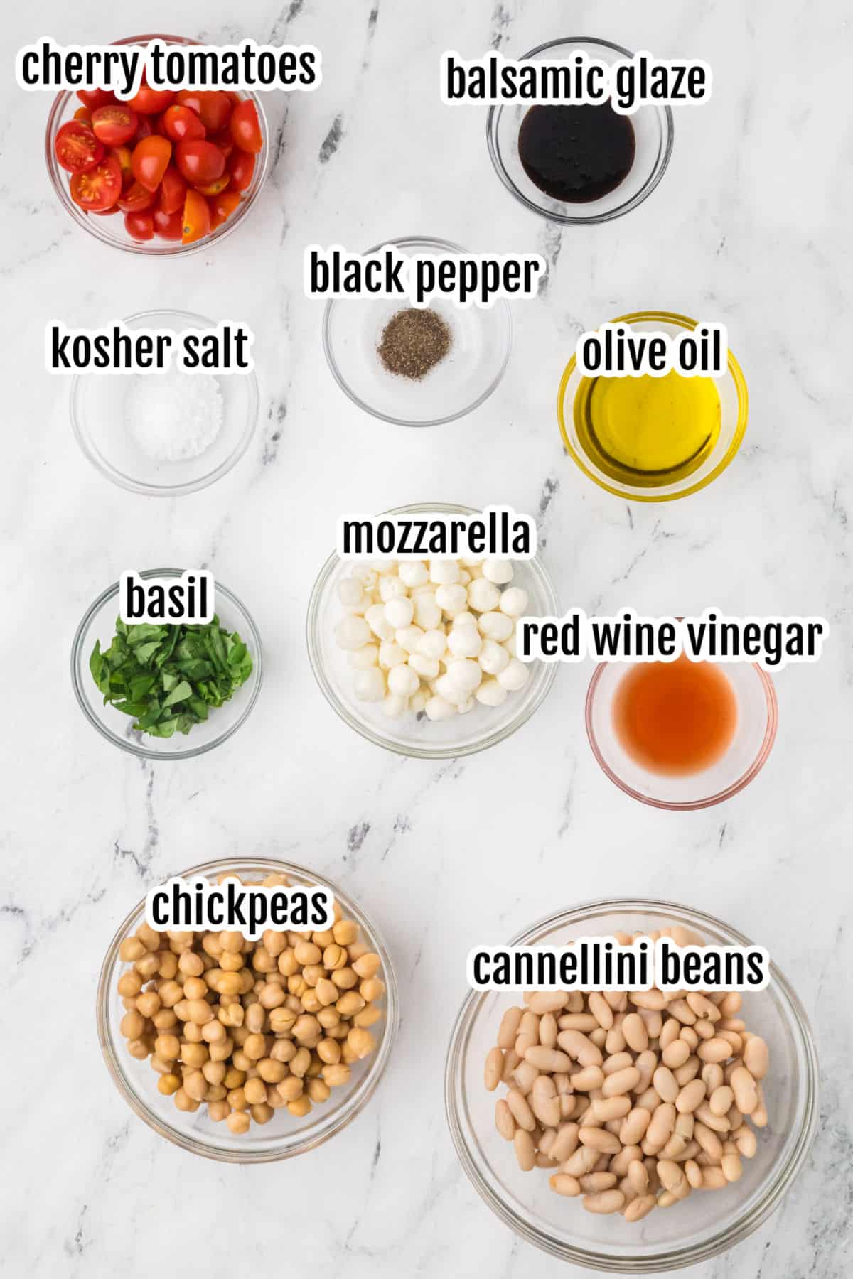 Image of the ingredients needed to make the Caprese Bean Salad recipe.