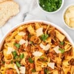 Wide ribbons of pappardelle pasta coated in creamy beef Bolognese sauce.