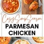 Cozy Soup Season Chicken recipe shown with Dutch oven, cutting board, and in a white bowl.
