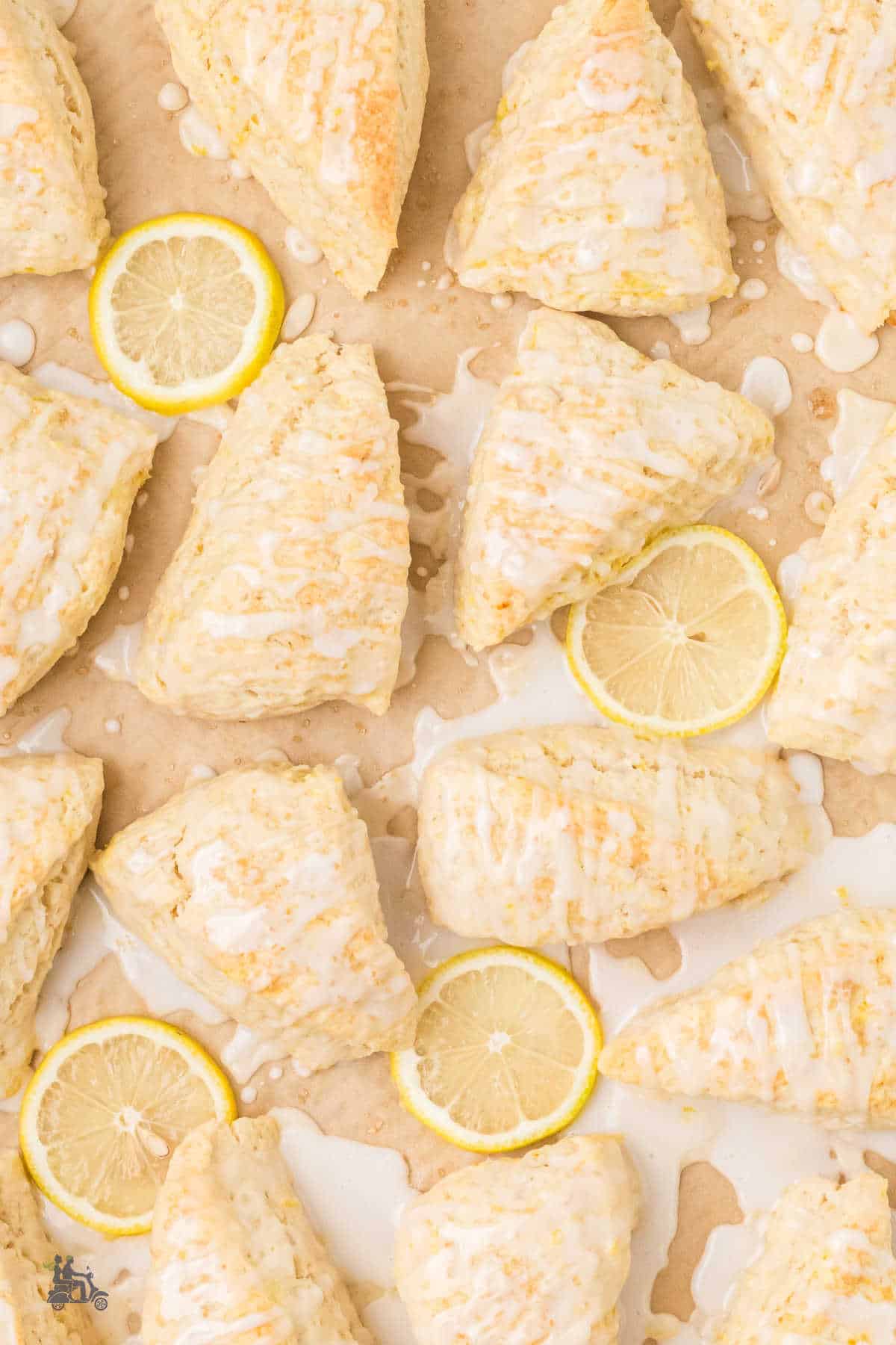 Lemon scones on parchment paper ready to serve for a morning brunch or afternoon tea.