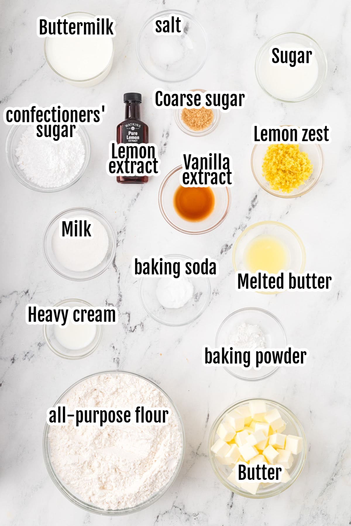 Image of the ingredients needed to make the Lemon Scones with the Lemon sugar glaze.