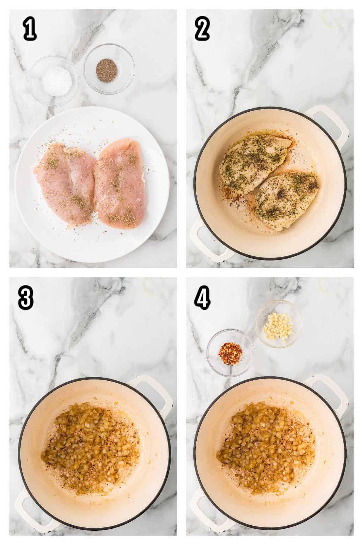 Collage of the first four steps in making the chicken for the Chicken Parm Soup with pasta.