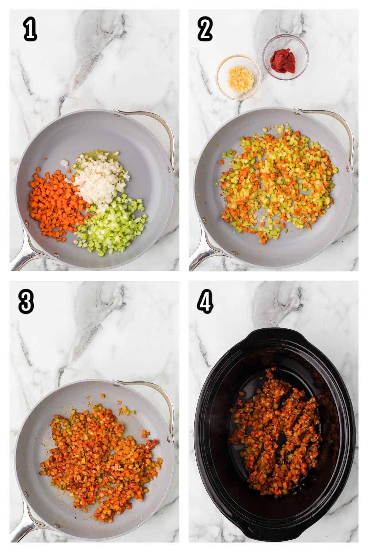 The first four steps to preparing the Italian meat sauce in the slow cooker.