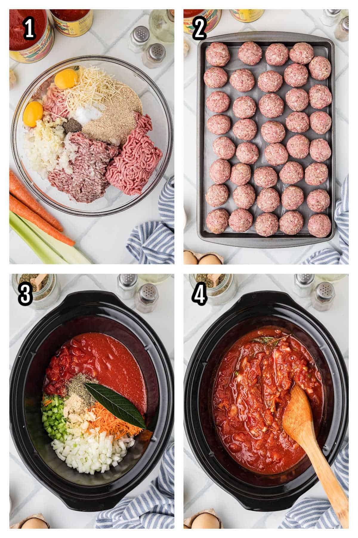 The first four steps to making the Italian meatballs and homemade tomato sauce in the slow cooker.