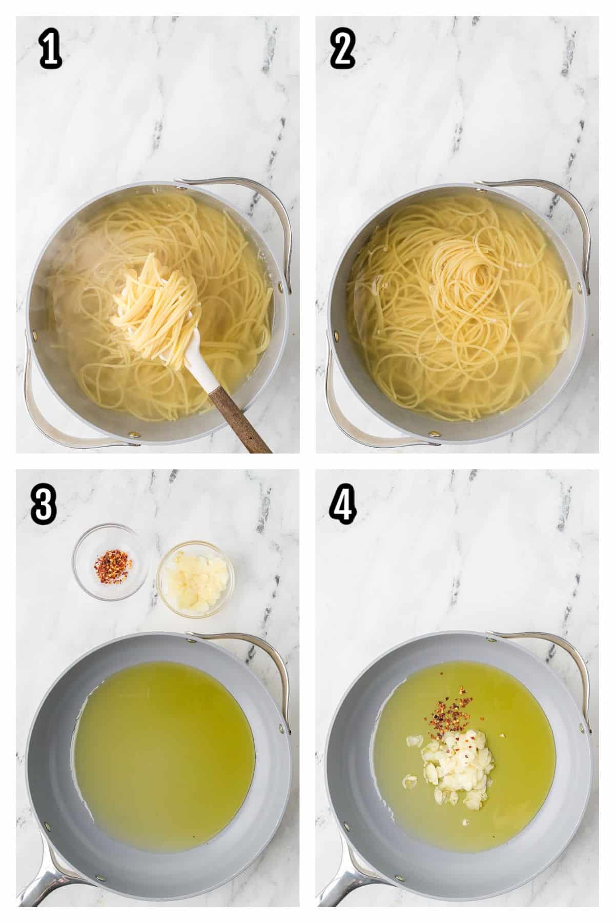 Image of the first four steps to making the spaghetti garlic and olive oil pasta dinner.
