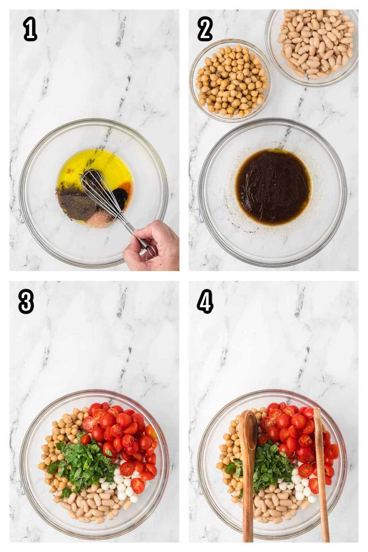 The first four steps in preparation to make the dense bean salad recipe with mozzarella cheese and fresh basil.
