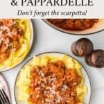 Slow-cooked pork ragù on plates and in a Dutch oven.