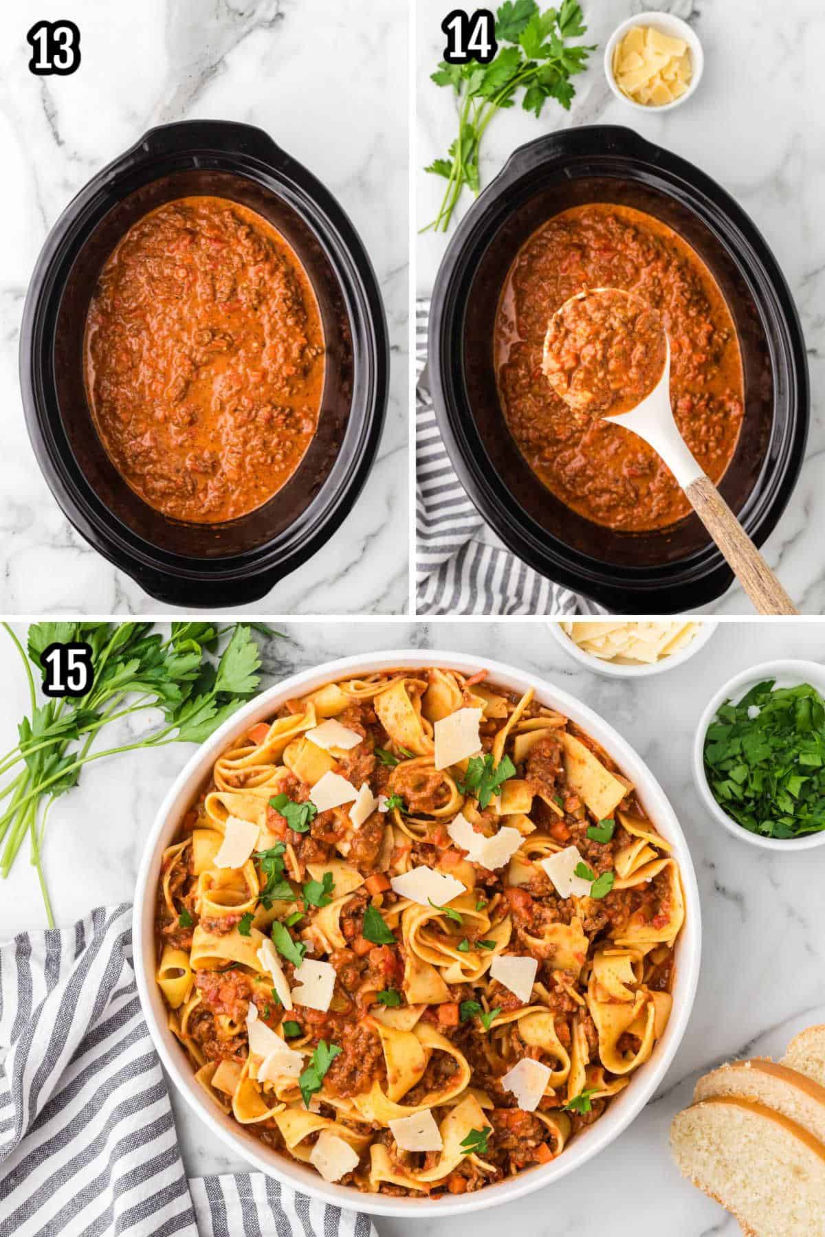 The final collage shows the finished Bolognese sauce served with pappardelle pasta.