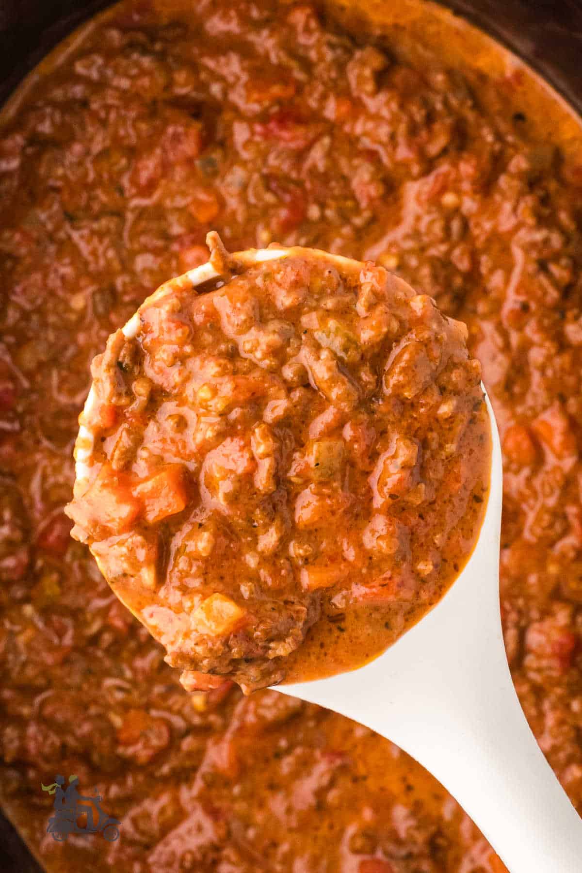 A close up of the meaty rich Italian sauce that's ready to be tossed with the prepared pappardelle.
