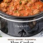 Slow cooker meatballs nestled in rich tomato sauce inside a crock pot.