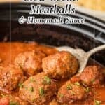 Closeup of saucy slow cooker meatballs finished with chopped parsley and parmesan cheese.