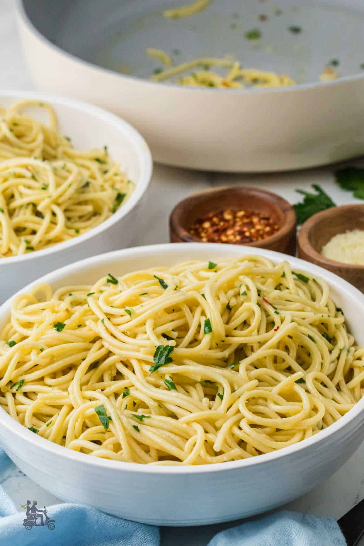 Spaghetti sauced with garlic olive oil and finished with Parmesan cheese and Italian parsley.