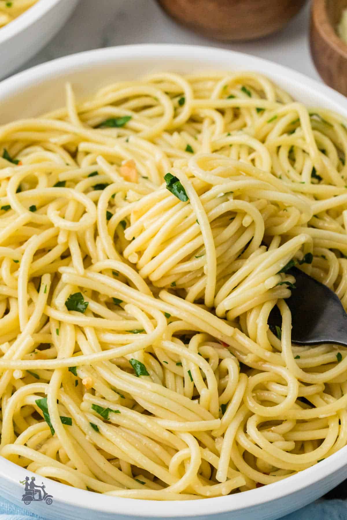 Restaurant -style spaghetti aglio e olio made with bronze-cut pasta and quality olive oil.