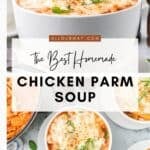 Cozy soup recipe for cold weather is this easy Chicken Parmesan Soup made with either regular chicken breasts or rotisserie chicken.