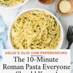 Collage featuring authentic Italian garlic spaghetti served with parsley and Parmesan cheese.
