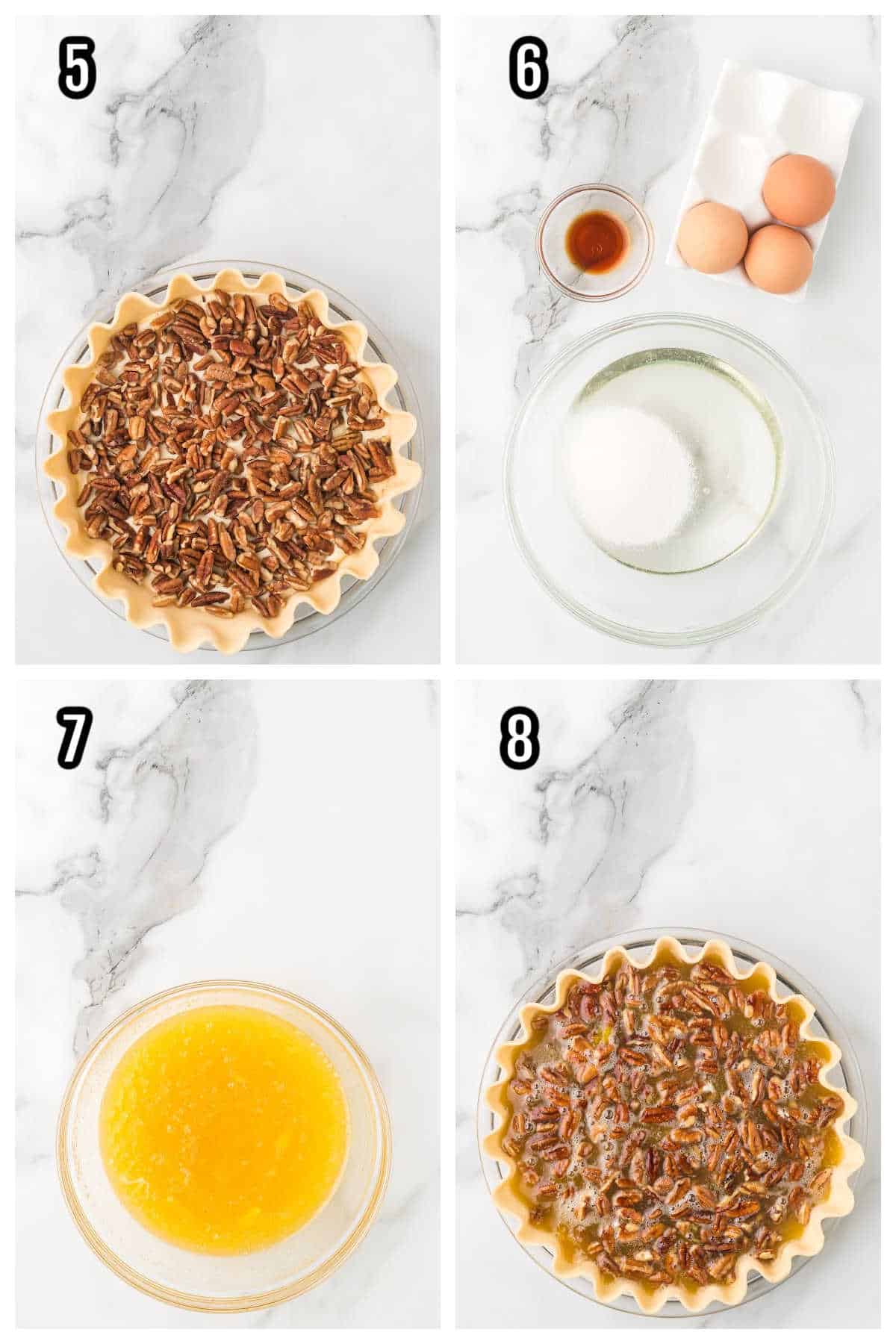 Steps five through eight for completing the easy layered pecan cheesecake pie recipe.