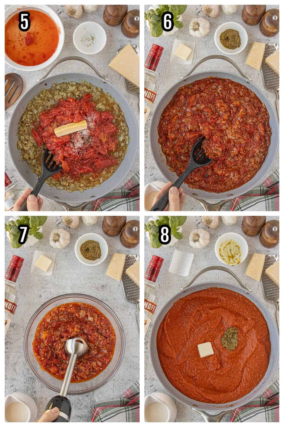 Image of steps five through eight in the homemade vodka tomato sauce with penne pasta.