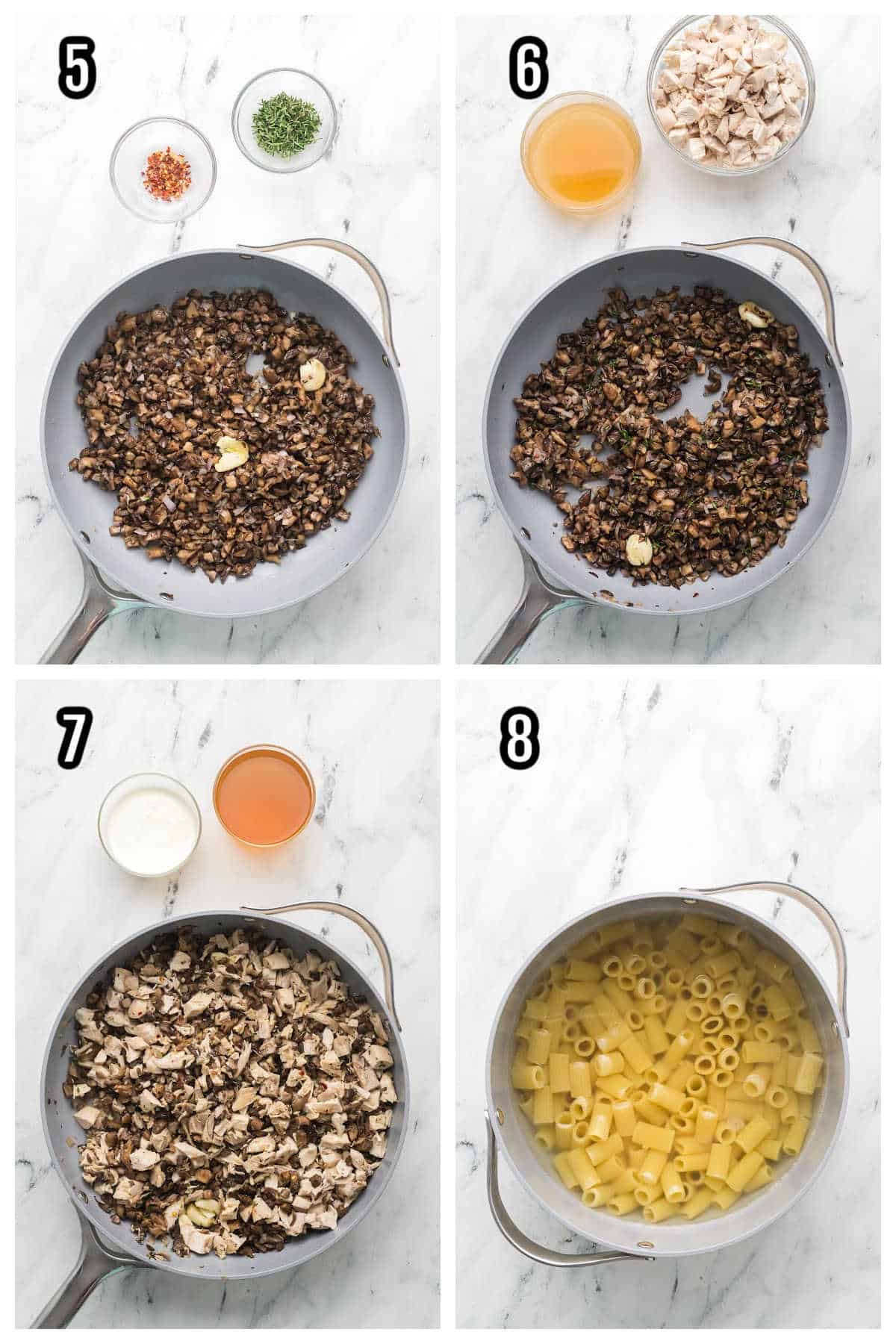 Steps five through eight to the easy creamy chicken mushroom pasta recipe made in a skillet.