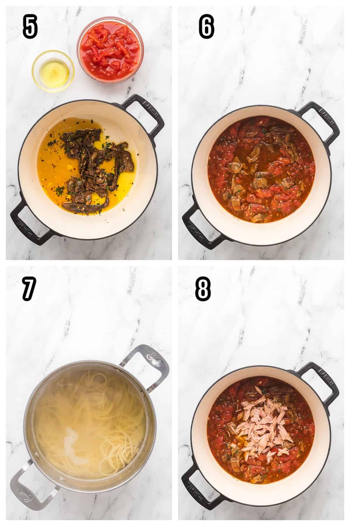 Steps five through eight for making the Carrettiera spaghetti recipe with tuna.