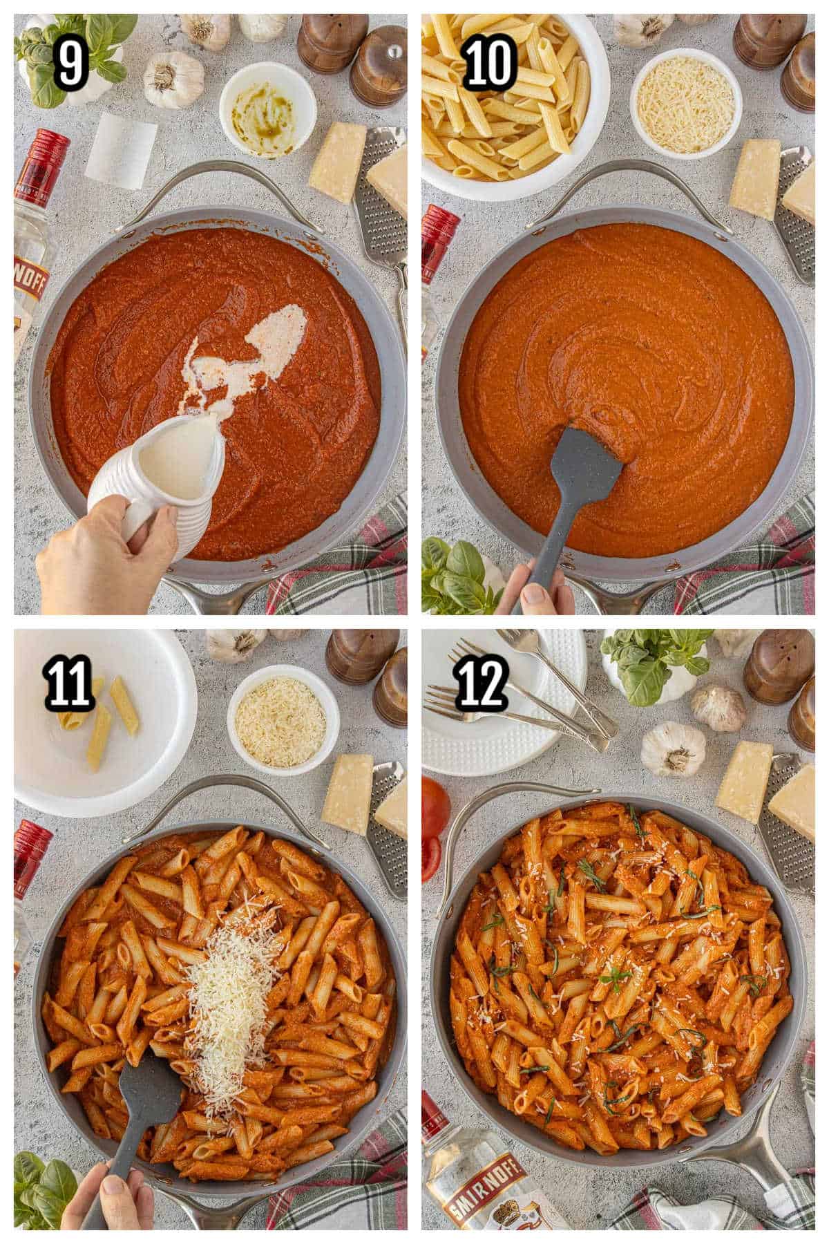 Steps nine through twelve for completing the penne alla vodka recipe.