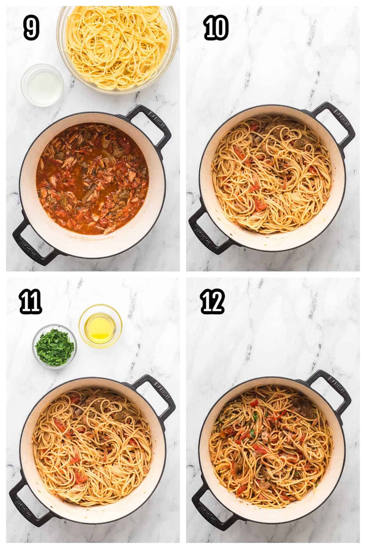 The final four steps to making the tomato, tuna, and mushroom pasta recipe.