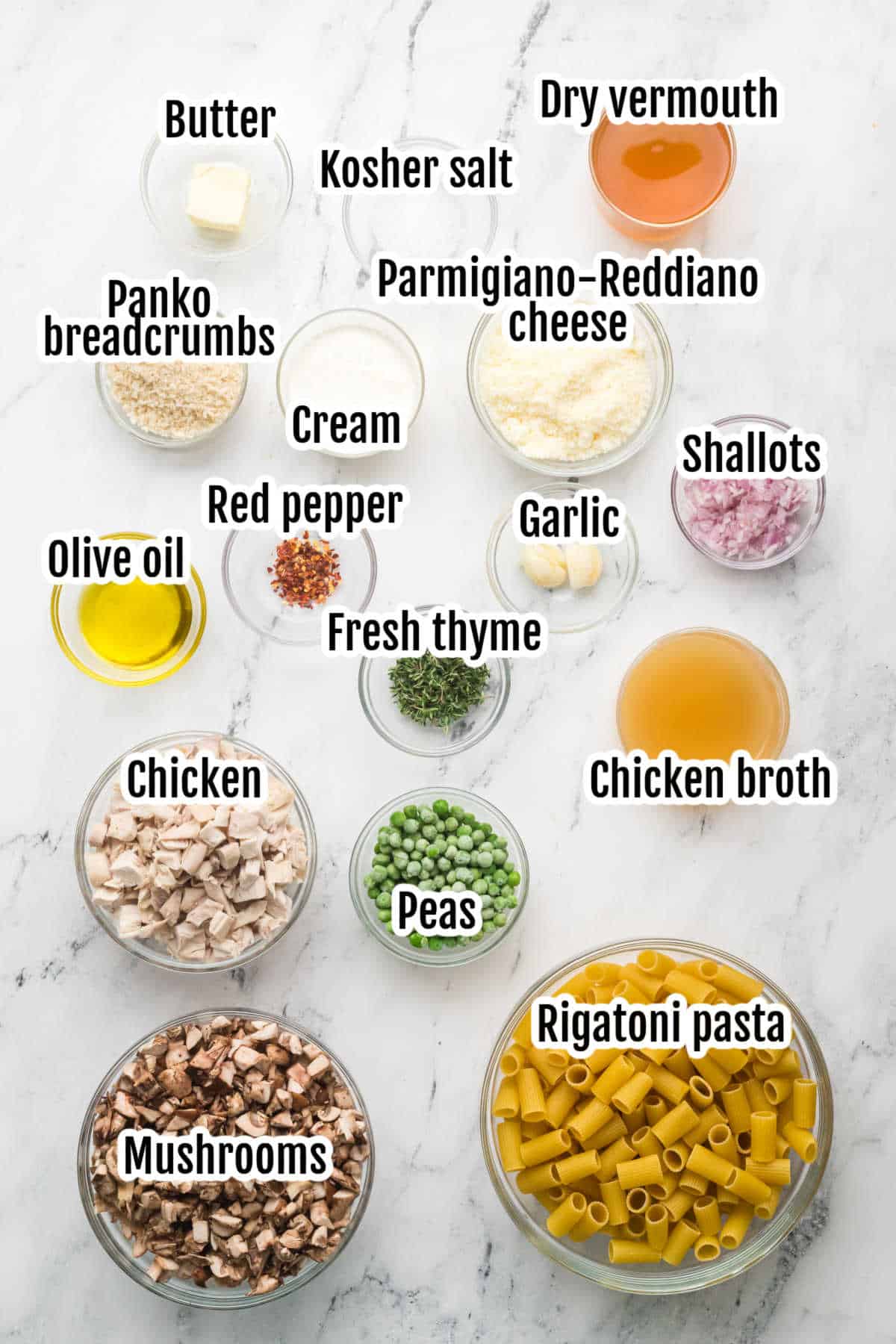 Image of the ingredients needed to make the creamy rotisserie chicken tetrazzini recipe.