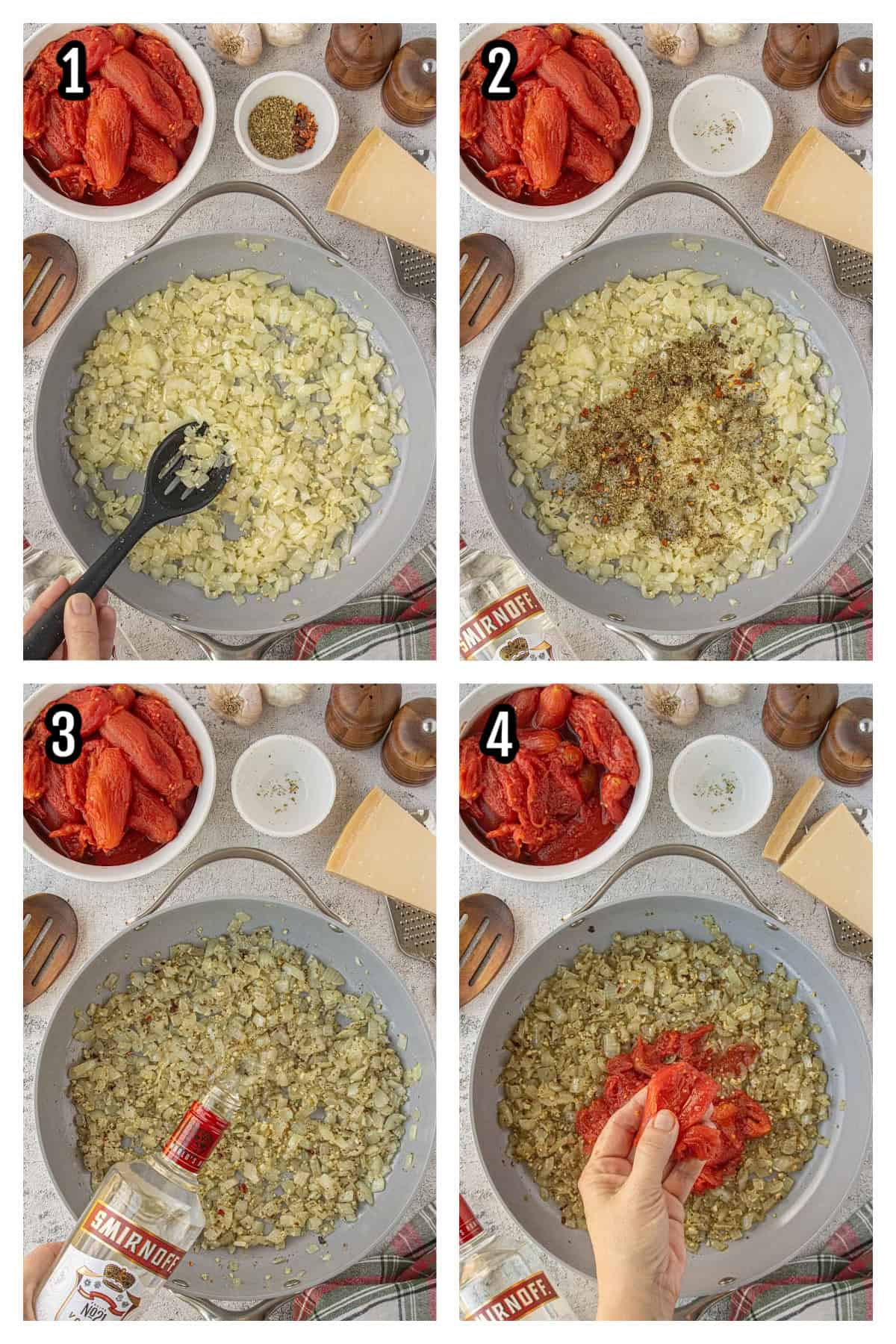 The first four steps to making the San Marzano Sauce with Vodka.