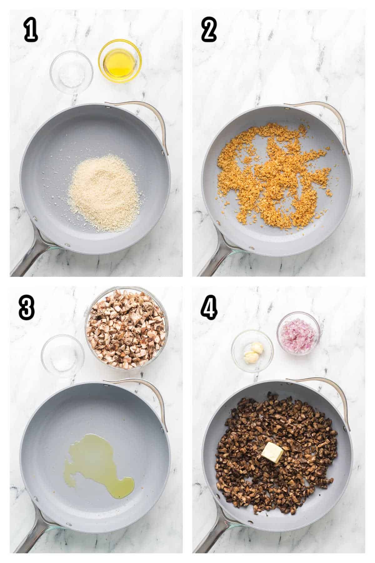 The first four steps to the no-bake chicken tetrazzini recipe.