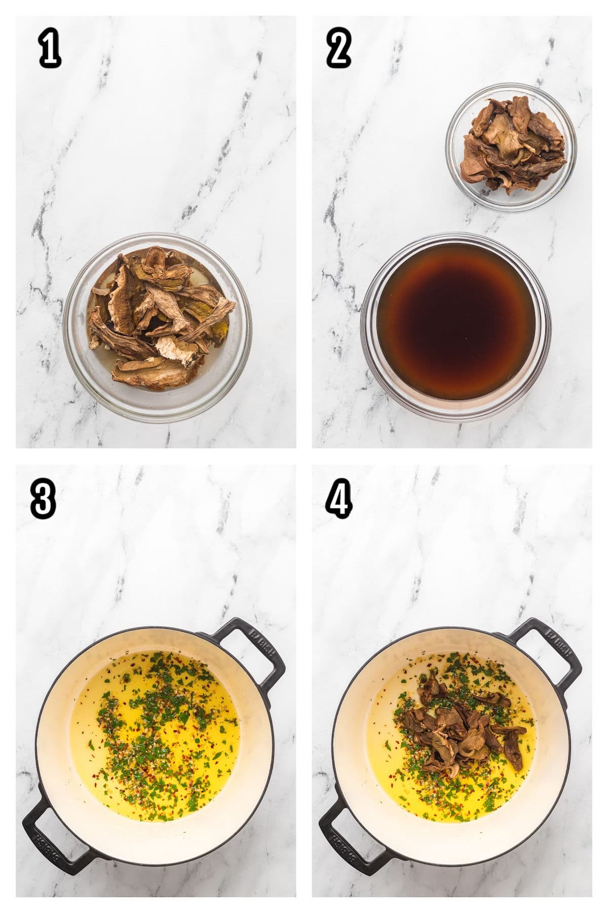 First four steps for making the flaked canned tuna and porcini mushroom recipe.