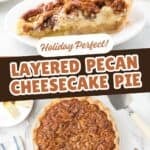 A store-bought crust hold a triple layer of dessert featuring pecans, cheesecake, and gooey pecan pie filling.