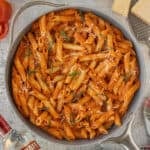 Creamy penne alla vodka coated in homemade San Marzano tomato sauce and topped with Parmesan and basil.