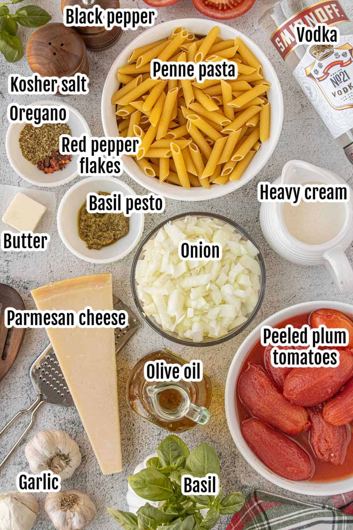 Image of the ingredients needed to make the penne pasta with creamy vodka sauce.