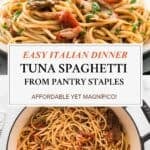 Close-up of oil-packed tuna and porcini mushrooms nestled among tomato-coated spaghetti.
