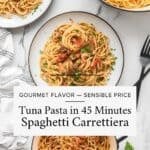 Collage featuring Roman tuna spaghetti in a Dutch oven and served on white plates.
