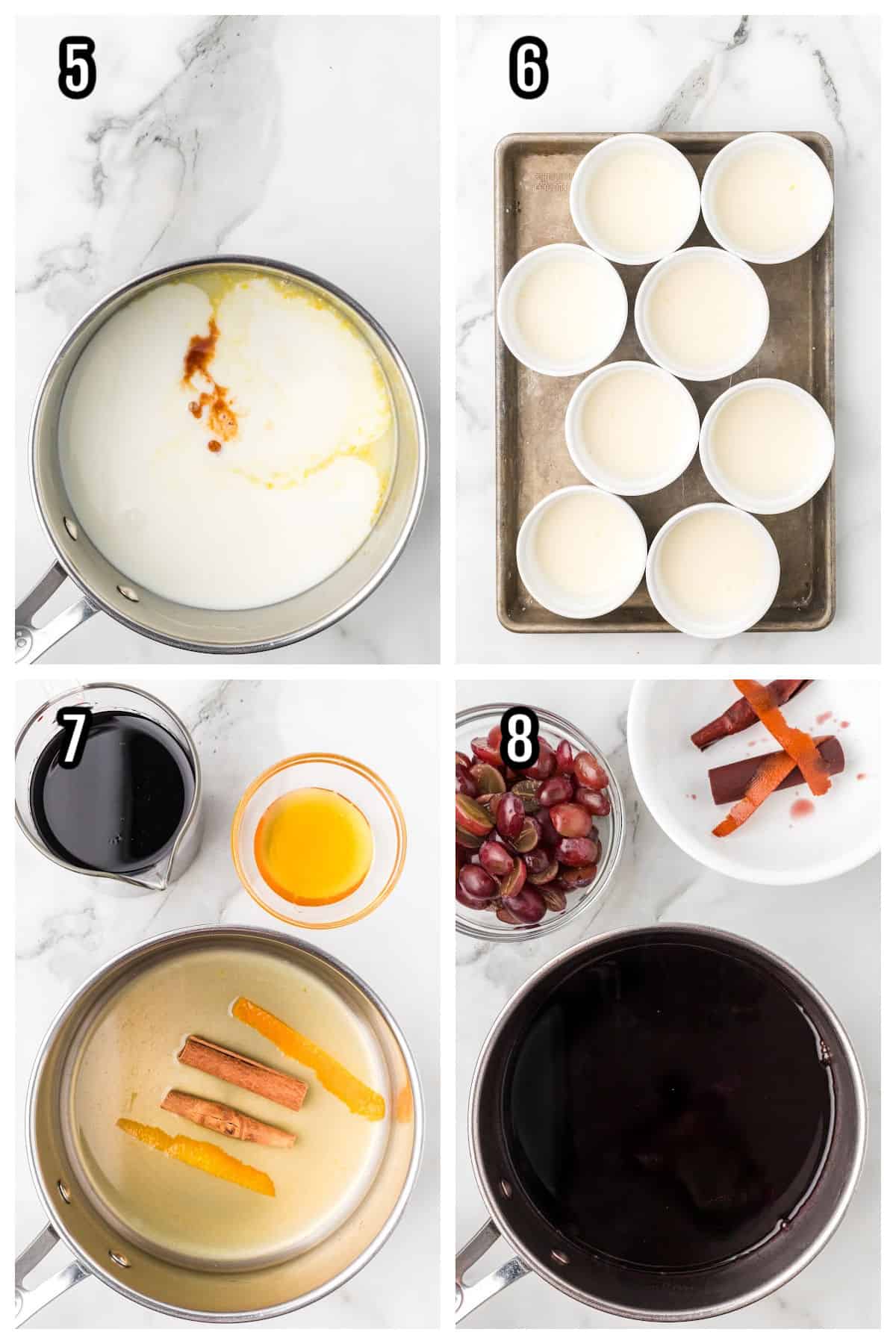 The second set of four steps for the creamy panna cotta dessert with the Fall fruit soaked in ruby port.