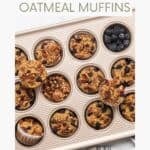 Healthy banana blueberry muffins naturally sweetened in a metal muffin pan.