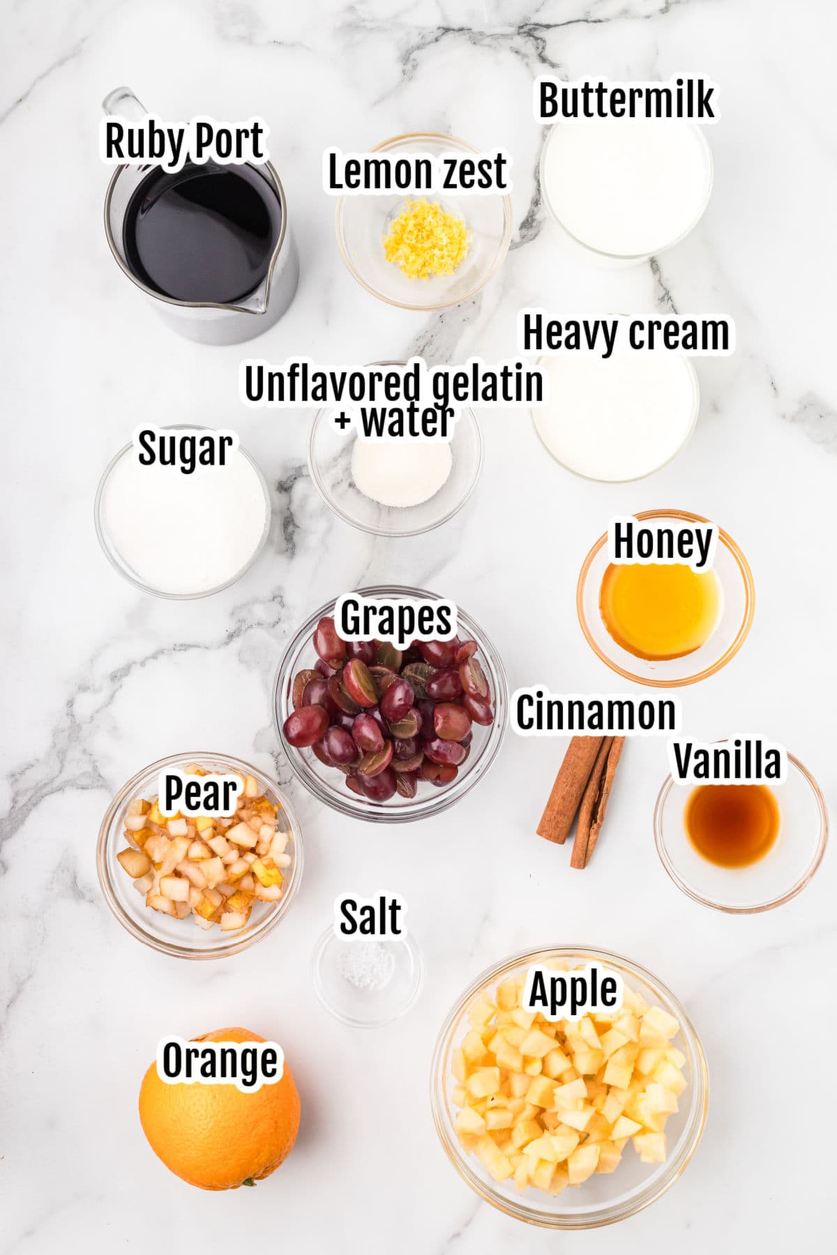 The ingredients necessary for making the creamy panna cotta with the fall fruit sauce.