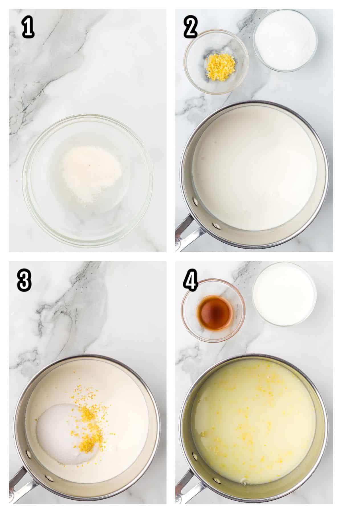 Collage of the first four steps for the creamy panna cotta buttermilk pudding.