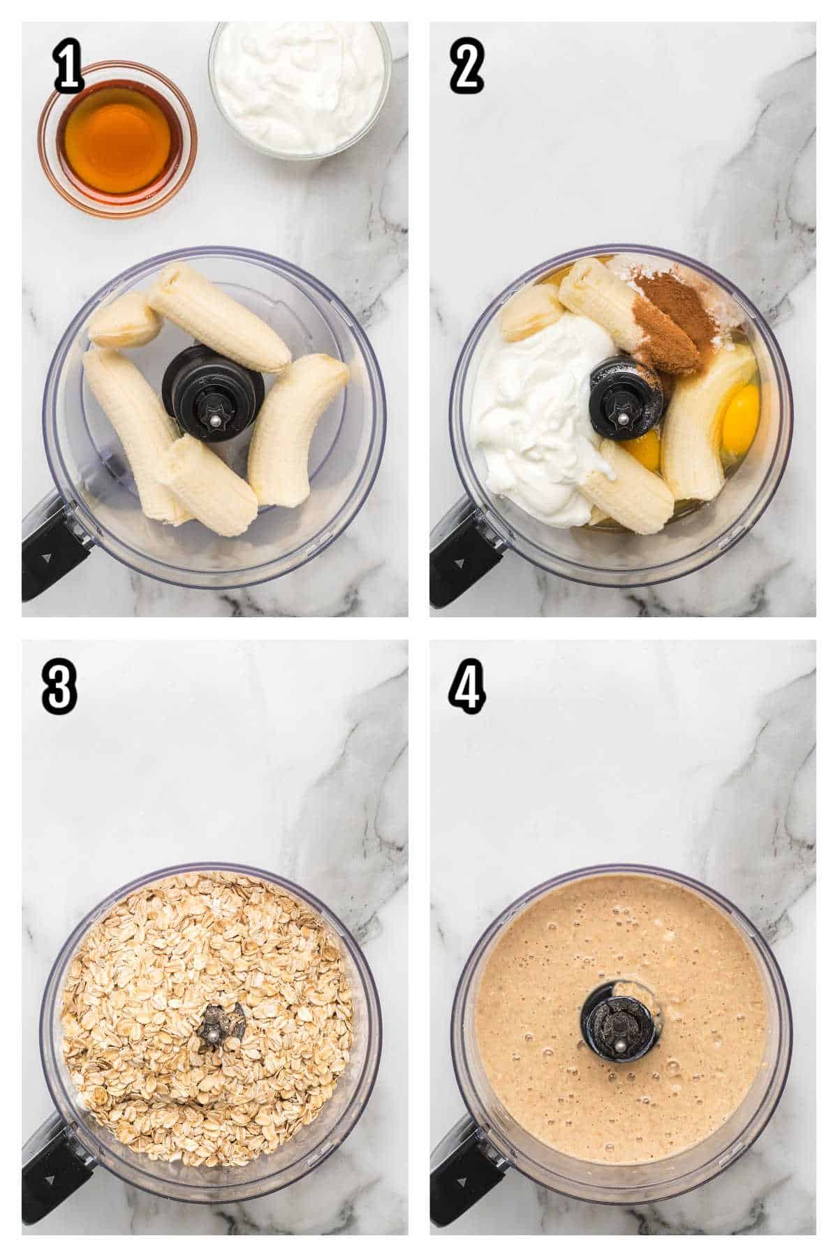 First four steps to making the easy flourless banana blueberry muffins.