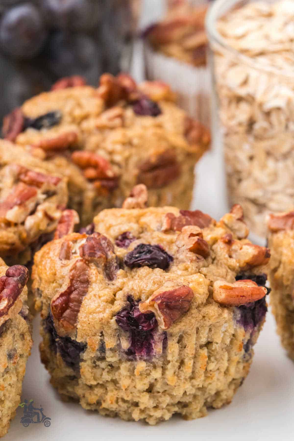 Side view of the Healthy Greek Yogurt Oatmeal blueberry banana muffins.