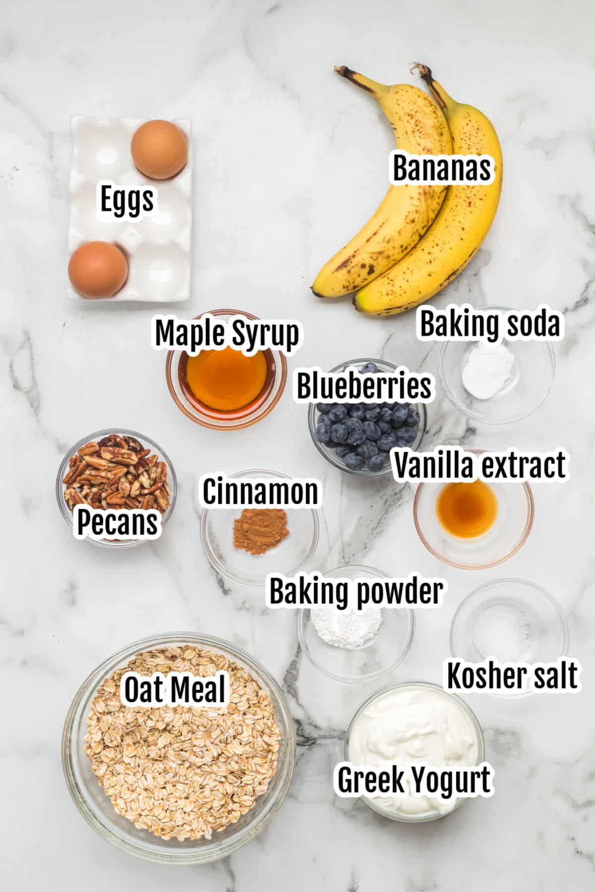 Image of the ingredients needed to make the Greek Yogurt Banana Blueberry Muffins.