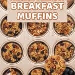 Breakfast muffins in a muffin pan with blueberries in one of the muffin slots.