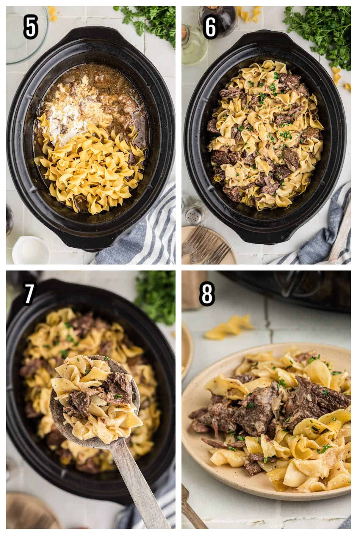 The finishing touches to making the creamy slow-cooked beef with egg noodles recipe.