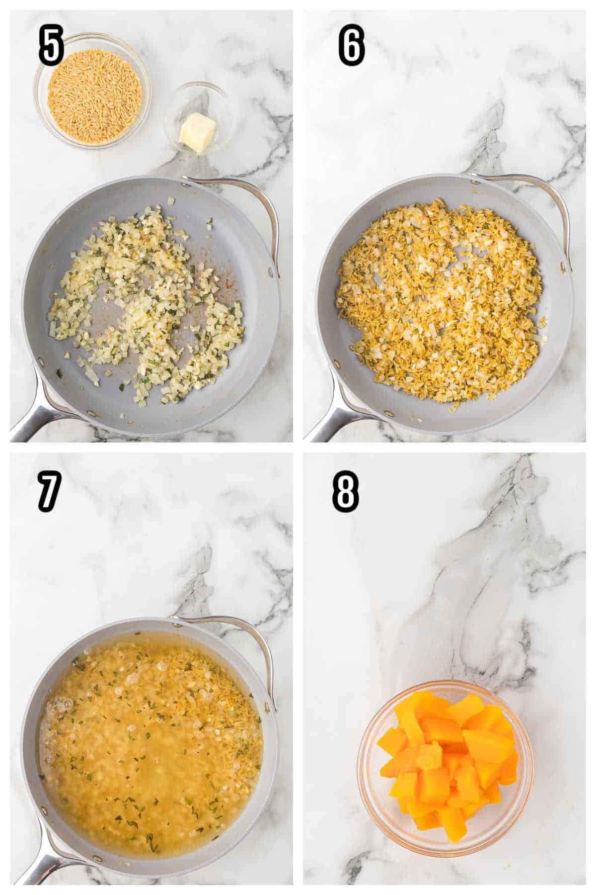 Steps five through eight showing how to make risotto with orzo pasta and fall squash. 