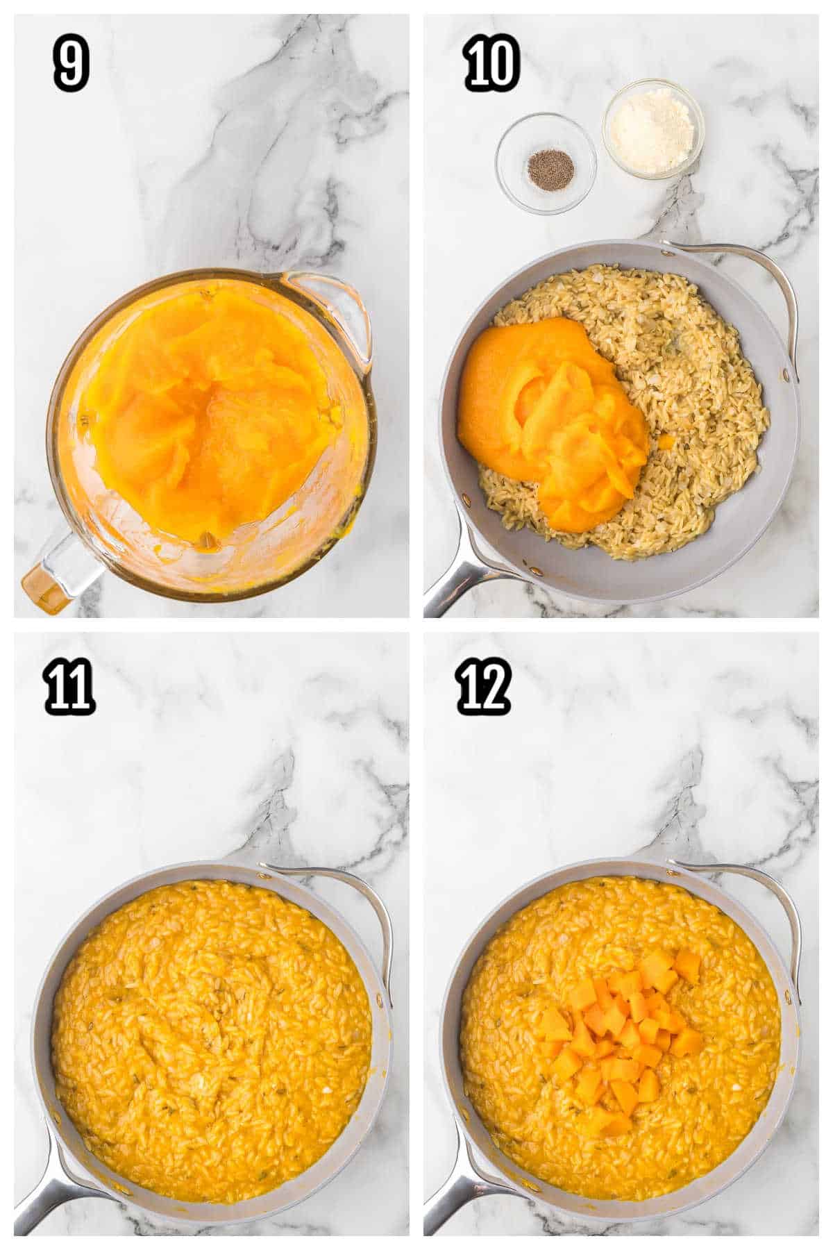 Steps nine through twelve showing the easy way to make risotto-style pasta with butternut squash. 