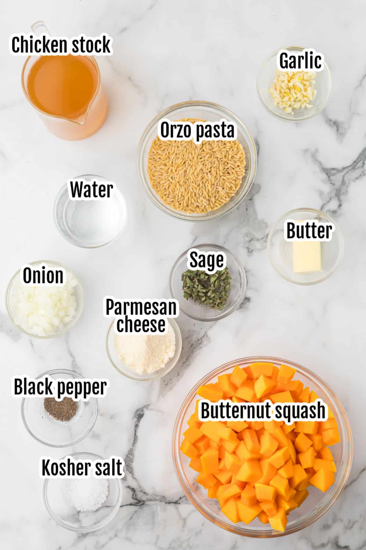 Image of the ingredients needed to make the risotto from the orzo pasta and butternut squash. 