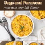 Collage featuring butternut squash mixed with orzo pasta to make an autumn risotto.